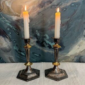 Vintage Taper Candlestick Holders: Zinc & Brass Pair Silver and Gold Patina